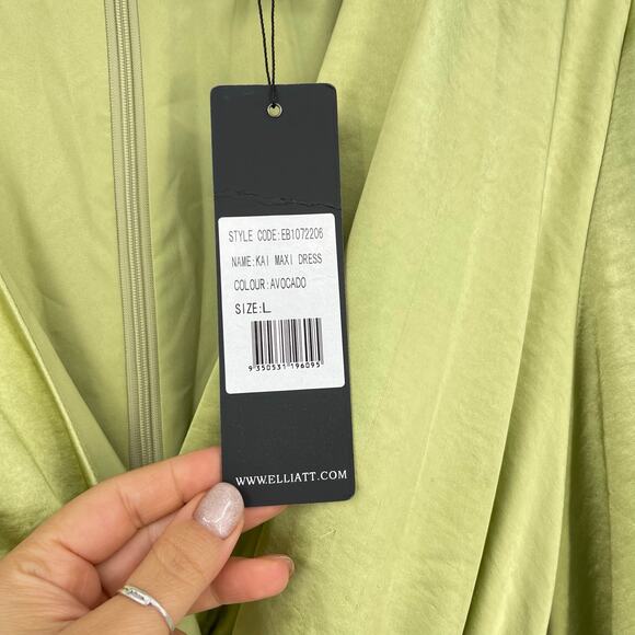 ELLIATT | Kai Maxi Dress in Avocado Green Satin Surplice Balloon Sleeve L - Picture 6 of 16